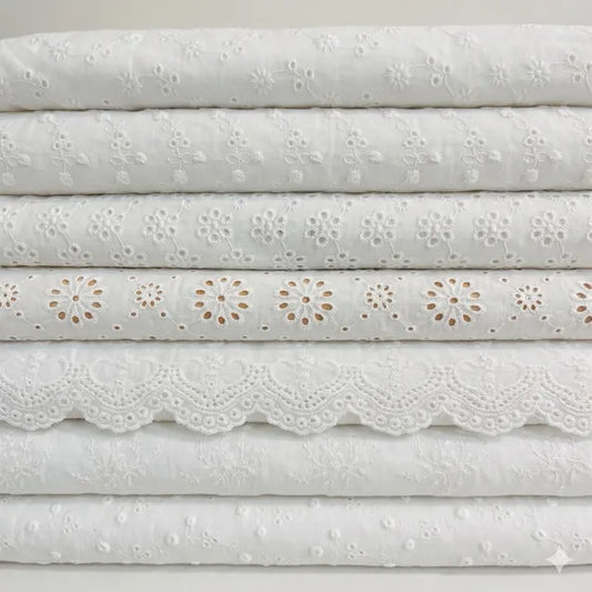 Premium White Floral Embroidery Cotton Fabric, CL1010