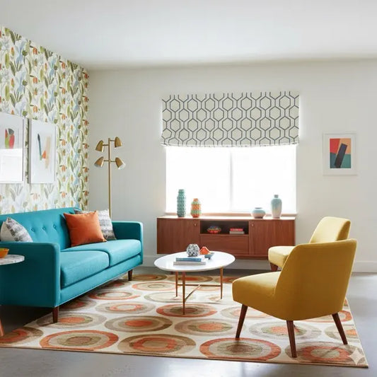 Modern living room with geometric linen flat roman shade, a blue sofa, yellow chair, and patterned rug.
