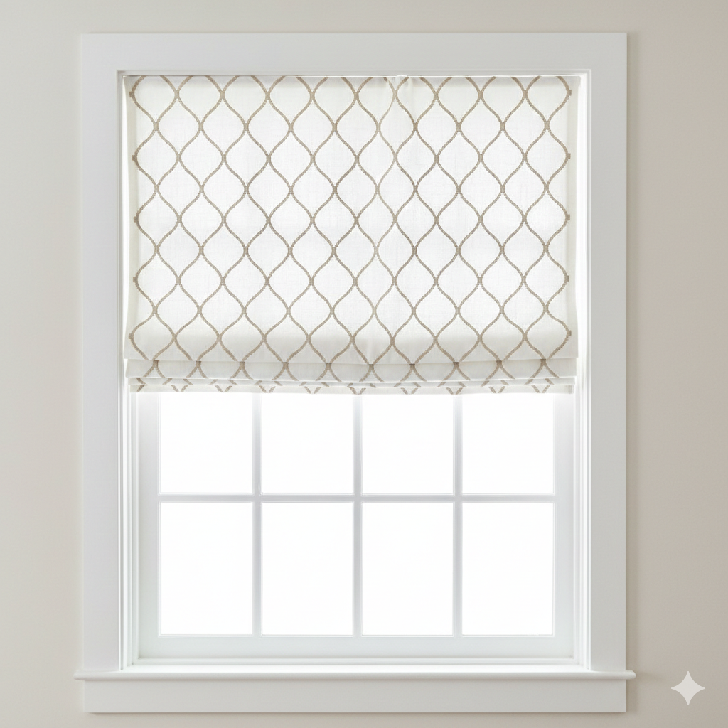 Window with a patterned roman blind in a neutral setting