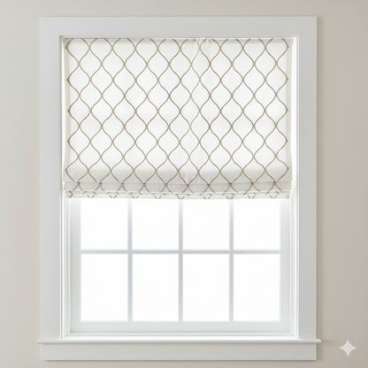 Window with a patterned roman blind in a neutral setting