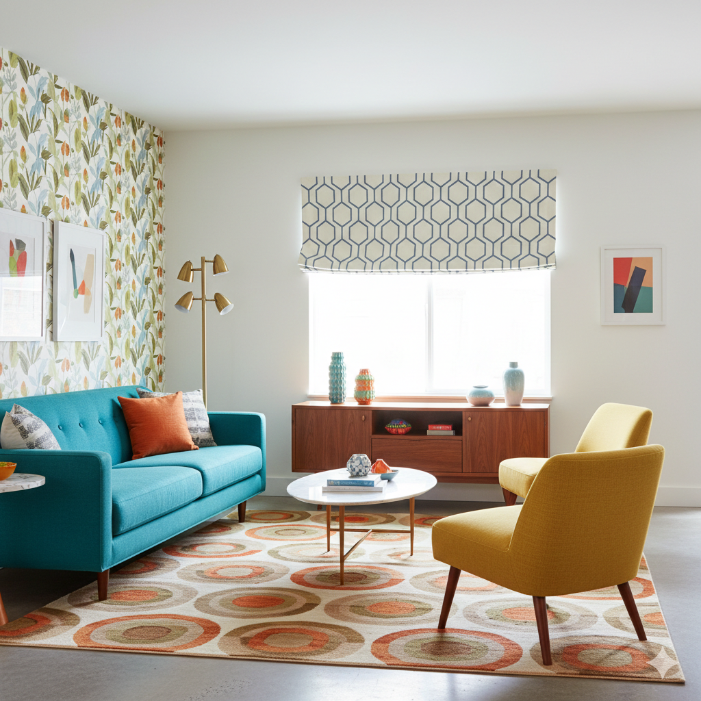 Modern living room with a geometric linen flat roman shade, a blue sofa, yellow chair, and patterned rug.