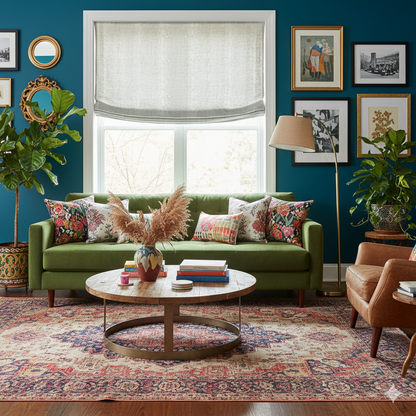 Living room with a relaxed linen roman shade, a green sofa, colorful pillows, and a round wooden coffee table.