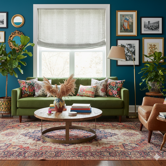 Living room with a relaxed linen roman shade, a green sofa, colorful pillows, and a round wooden coffee table.