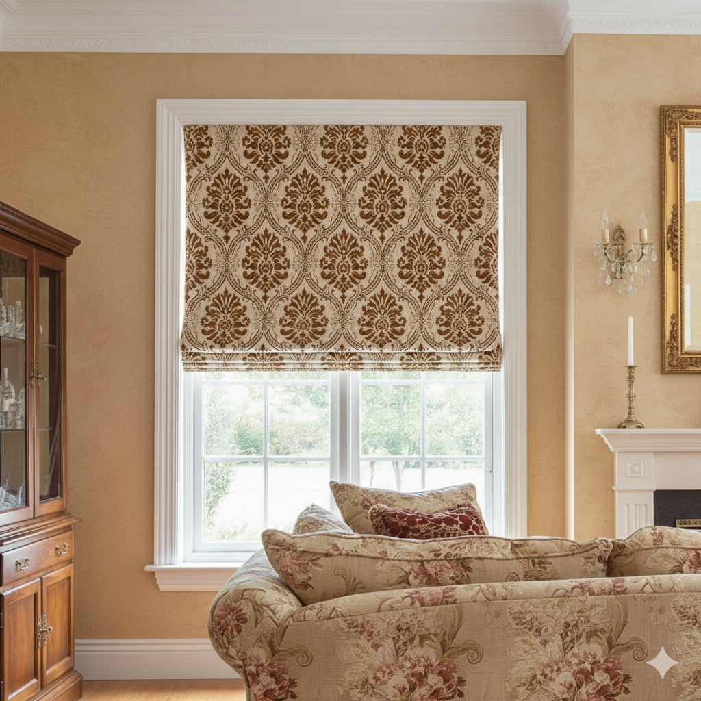 Gold Brown Velvet Jacquard Flat Roman Shade, CL1194