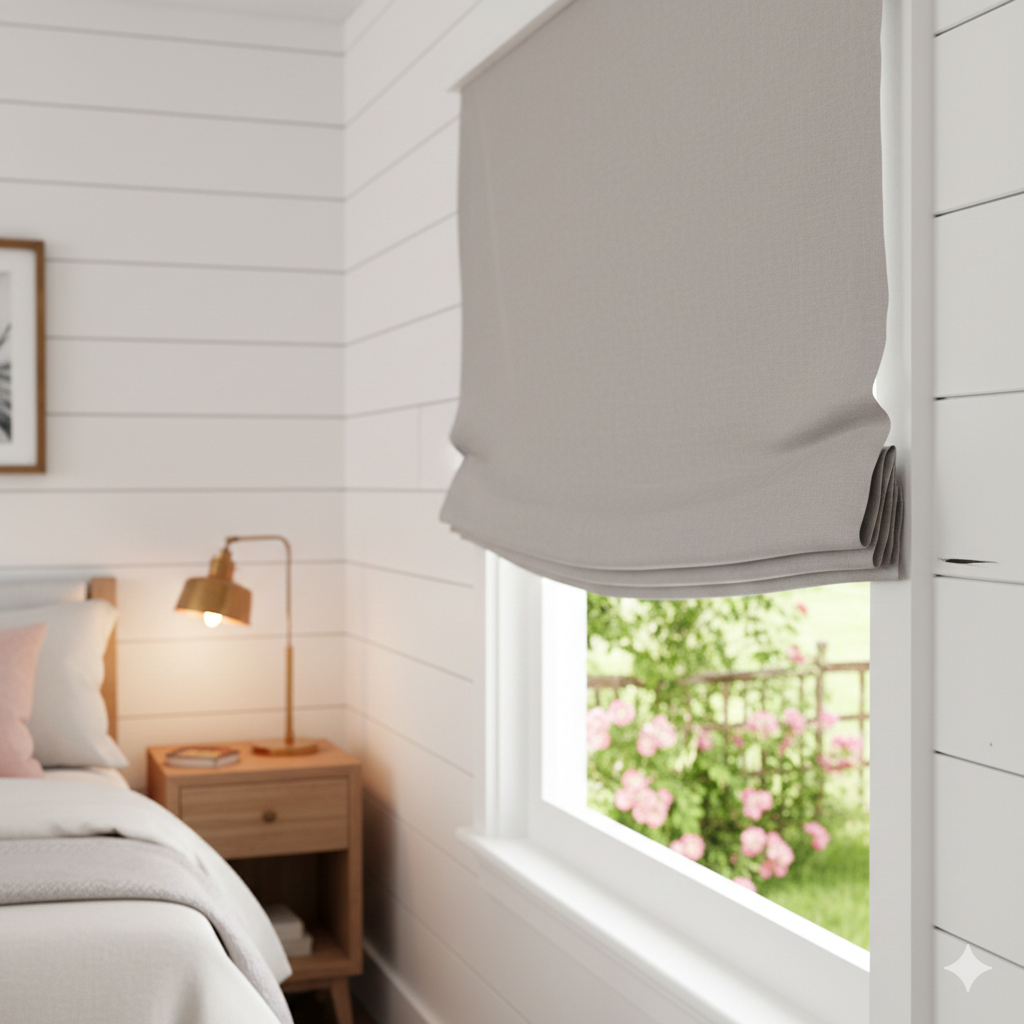 Bedroom with a window featuring a gray linen roman blind, bed, and nightstand.