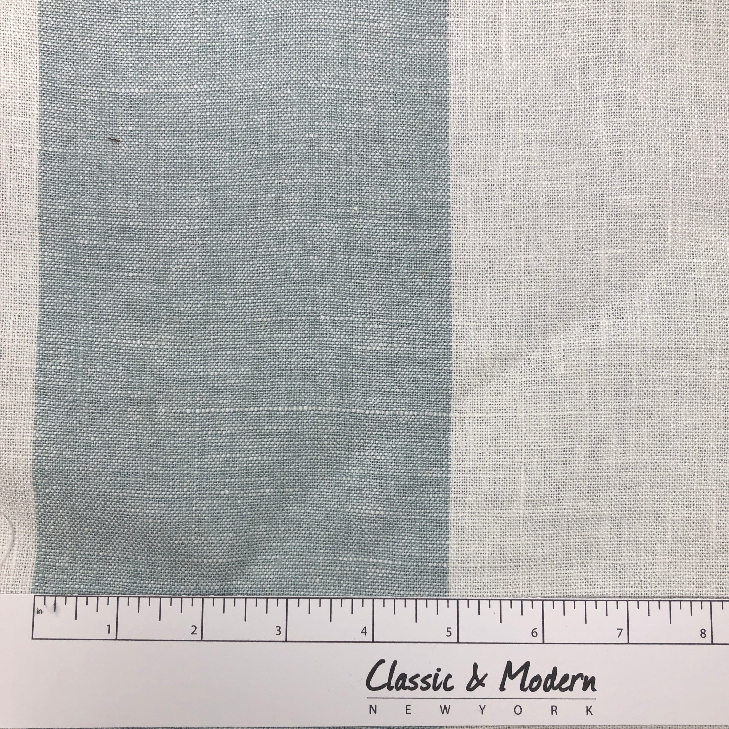 Sea Green Ciel White Gray 100% Linen Wide Stripe Flat Roman Shade/CL1026