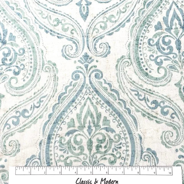 Damask Floral Ciel Cotton Duck Flat Roman Shade, CL1200
