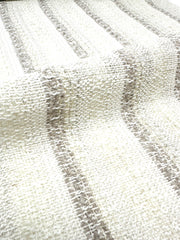 Textured embroidered linen blend fabric with soft vertical stripes in neutral tones, 118-inch width for curtains and décor.