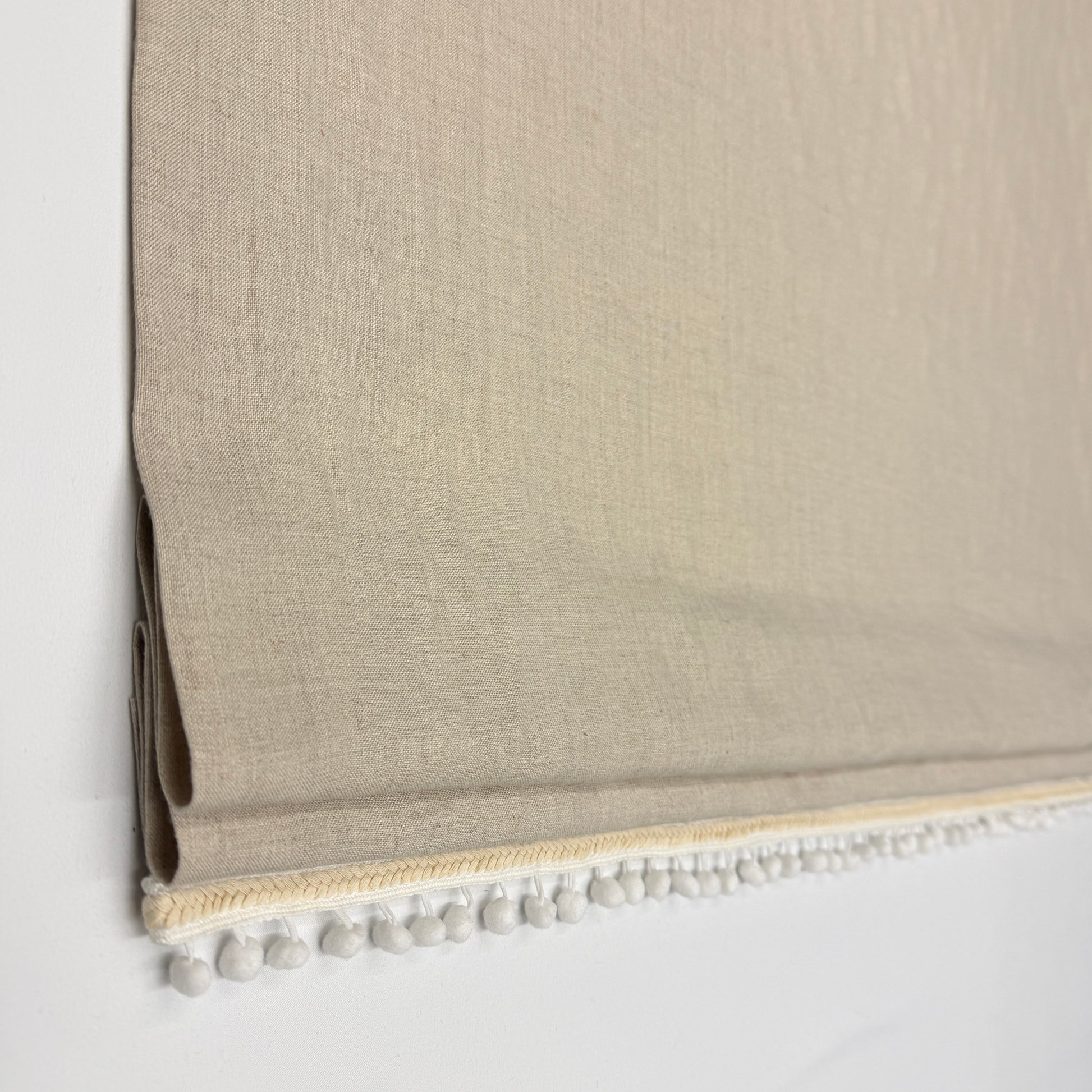 Natural Linen Flat Roman Shade with White Pom Pom, Kid's Baby Nursery Room. Blackout Option/CL1010 - Classic & Modern Home