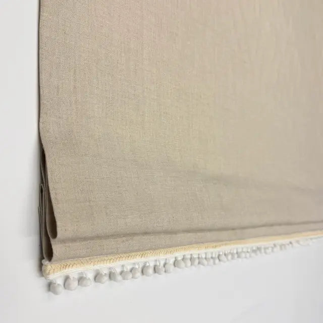 Natural Linen Flat Roman Shade with White Pom Pom, Kid's Baby Nursery Room. Blackout Option, CL1010