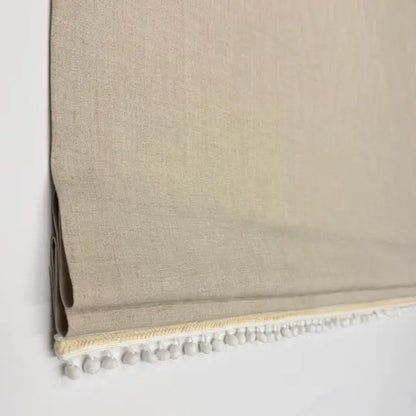 Natural Linen Flat Roman Shade with White Pom Pom, Kid's Baby Nursery Room. Blackout Option, CL1010