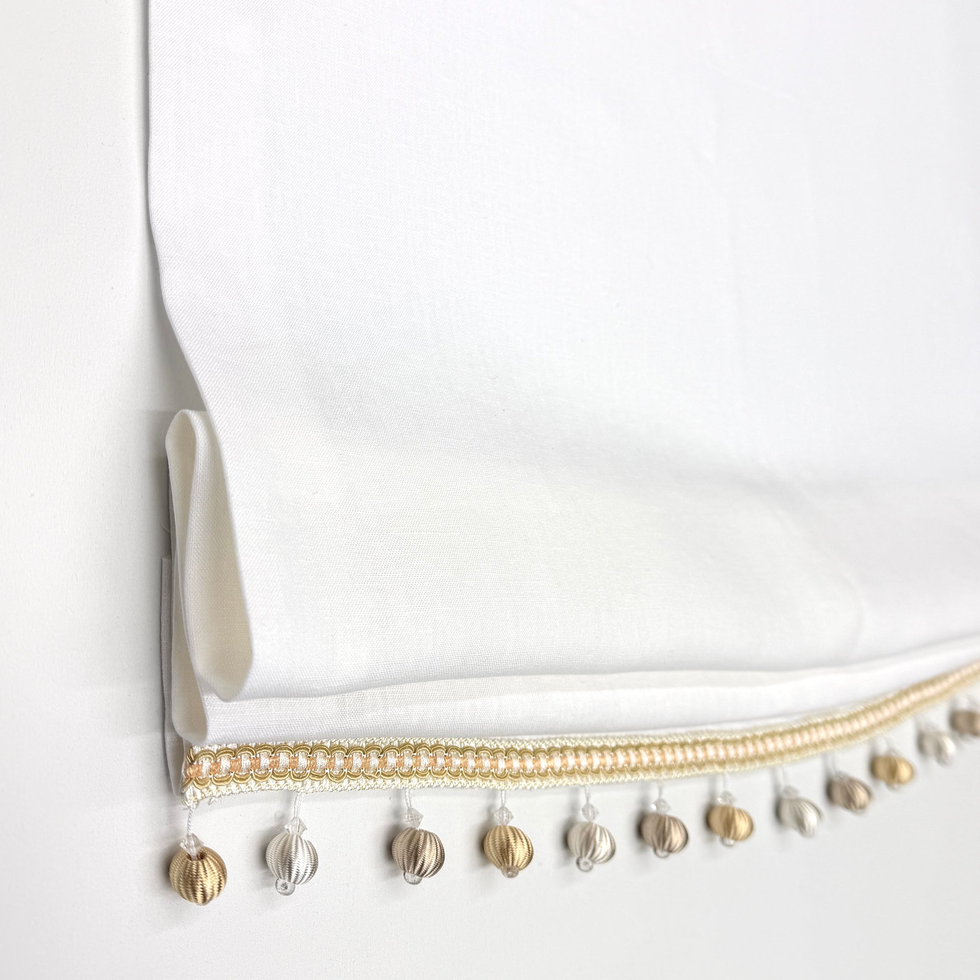White Linen Relaxed Roman Shade with Multi Color Beaded Trim, Blackout option, CL1010 - Classic & Modern Home