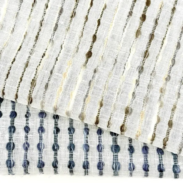 Dot Embroidered Blue Indigo Stripe Sheer Blend Linen Fabric Flat Roman Shade, CL1032