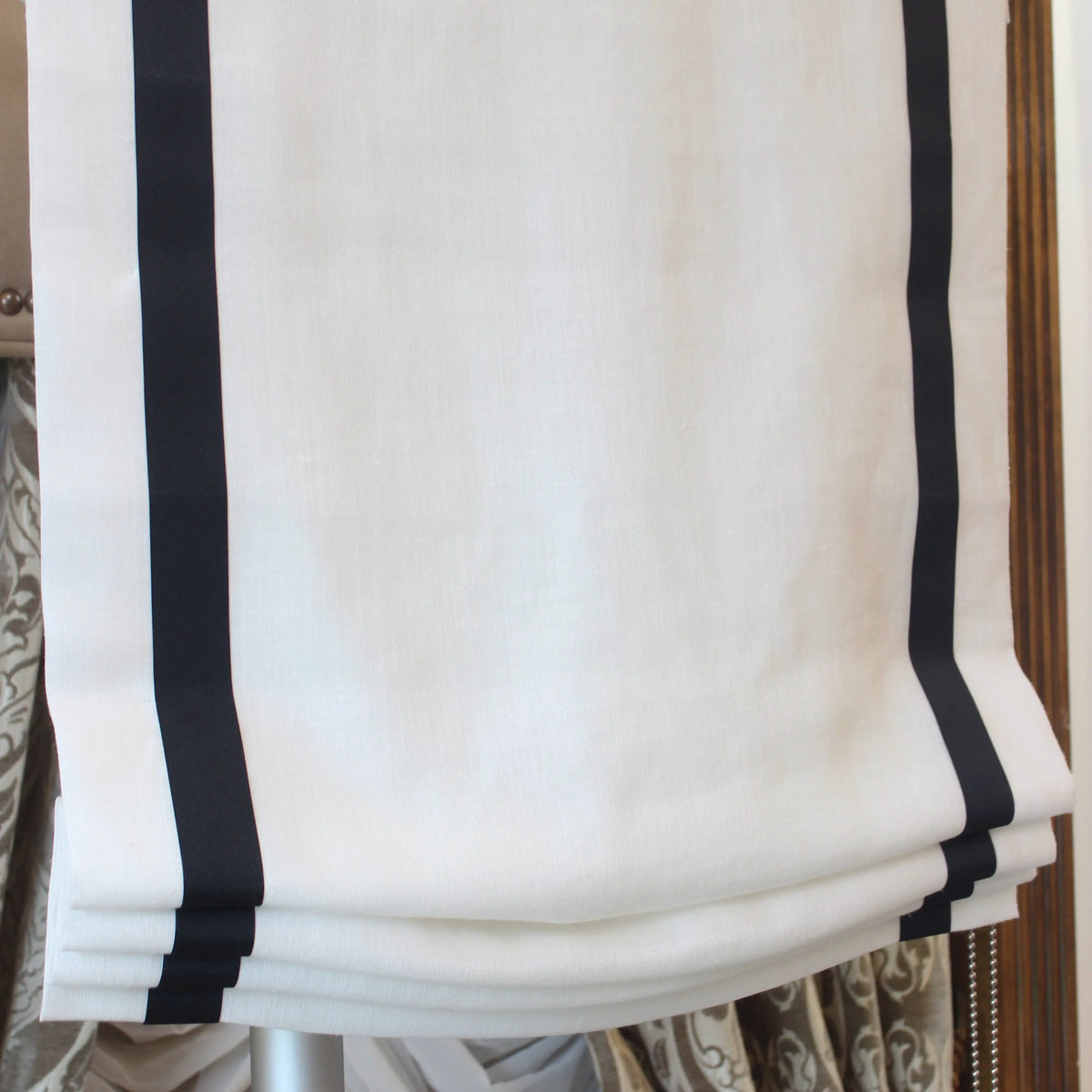 White Linen Relaxed Roman Shades with Black Bordered Trim | CL1010