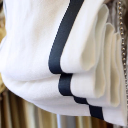 White Linen Relaxed Roman Shades with Black Bordered Trim | CL1010