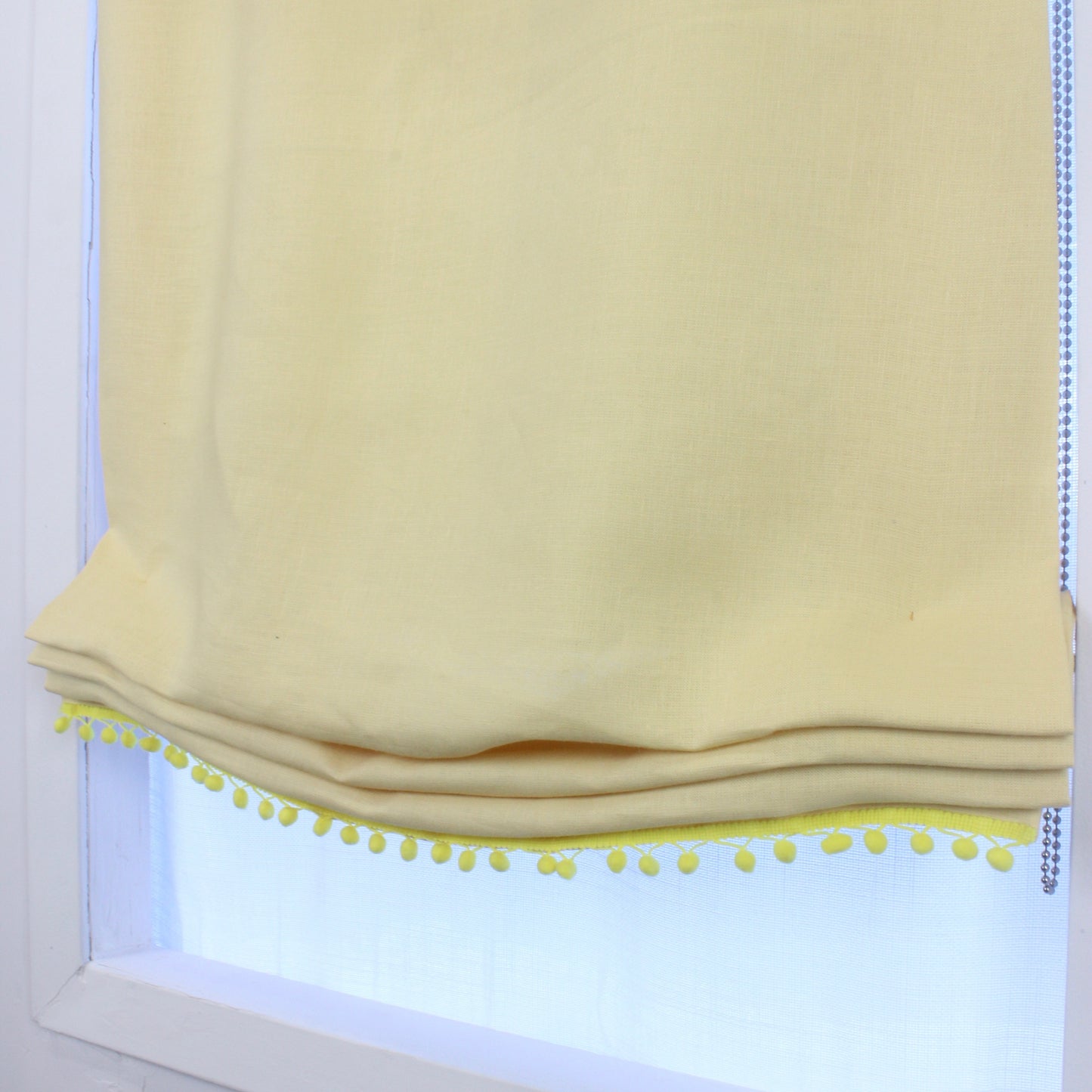 Yellow Linen Relaxed Roman Shade with Yellow Pom Pom, Blackout option/CL1010 - Classic & Modern Home