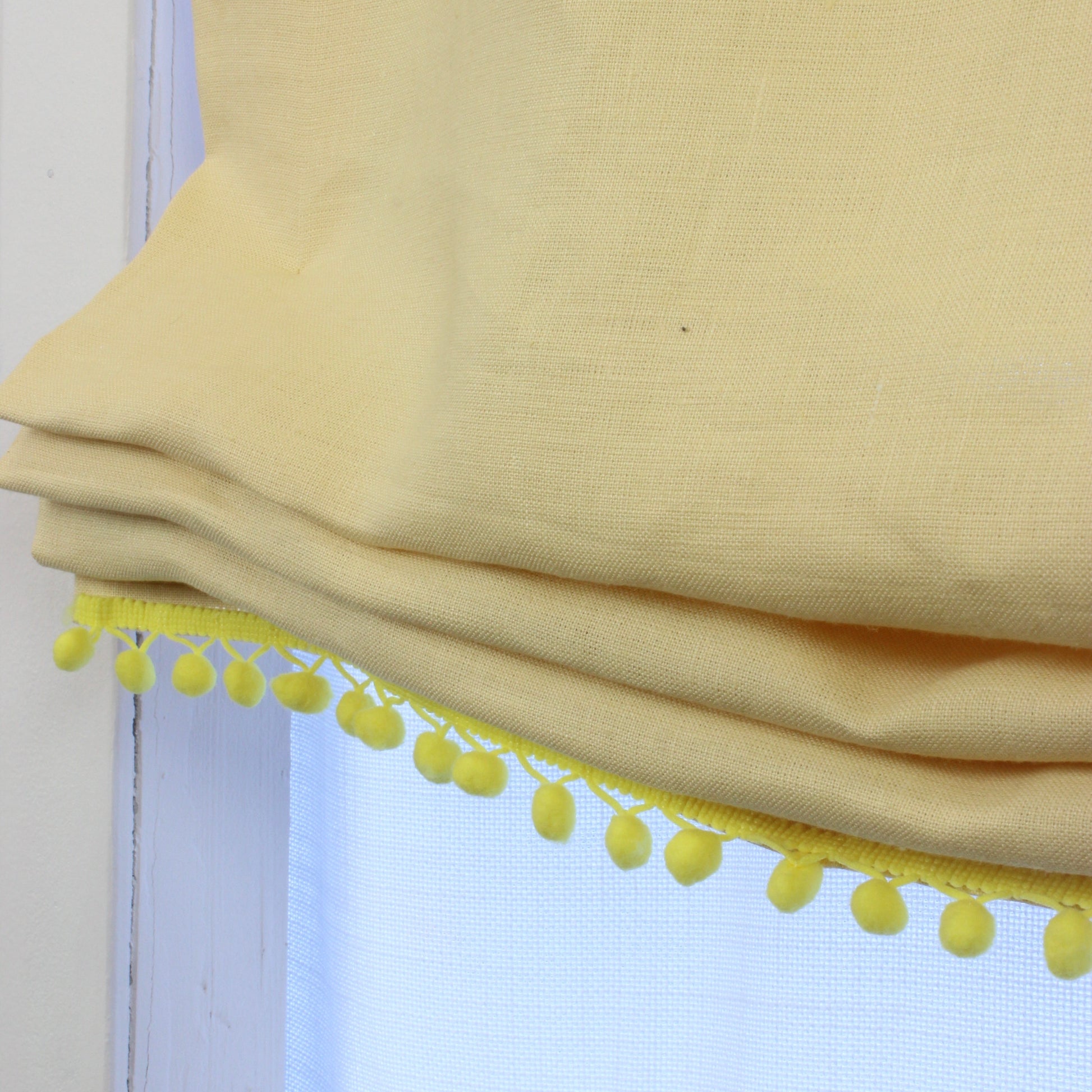 Yellow Linen Relaxed Roman Shade with Yellow Pom Pom, Blackout option/CL1010 - Classic & Modern Home