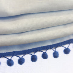Blue Linen Kid Relaxed Roman Shade with Blue Pom Pom, Blackout Nursery Shade/CL1010