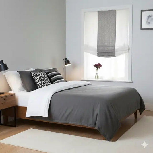 Light Grey & White Two-Tone Natural Linen Relaxed Roman Shade, CL1010