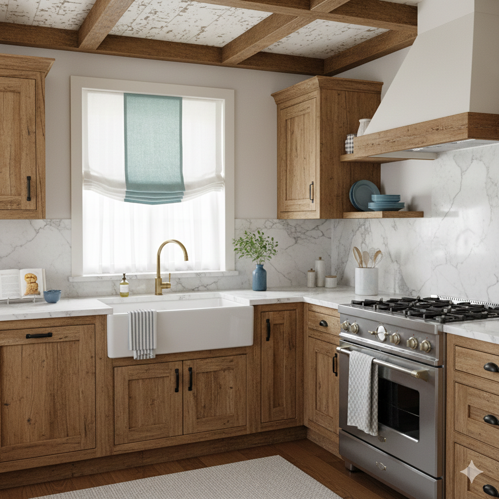 Modern kitchen with mint white relaxed roman shade, wooden cabinets, stainless steel appliances, and marble countertops.