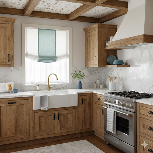 Modern kitchen with mint white relaxed roman shade, wooden cabinets, stainless steel appliances, and marble countertops.