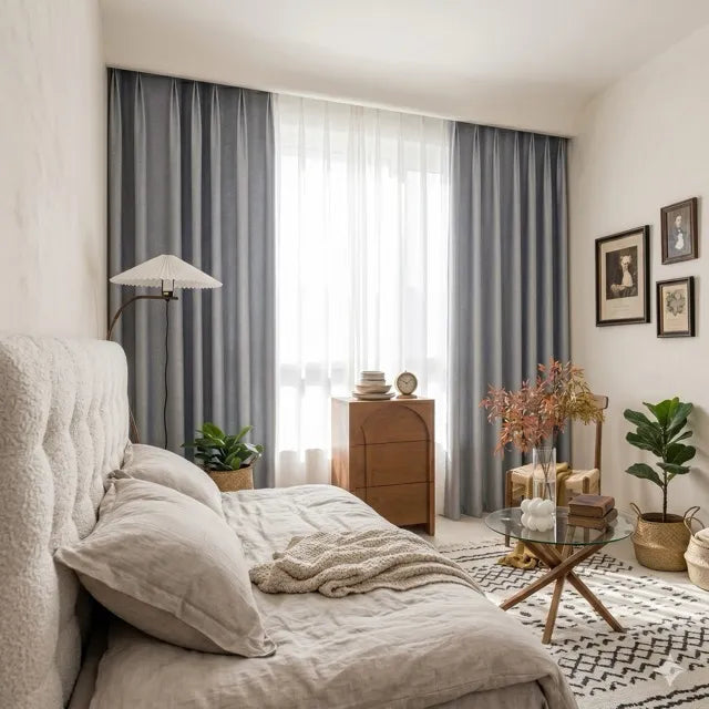 Modern Farmhouse Grey Linen-Textured Room Darkening Curtain, CD1003