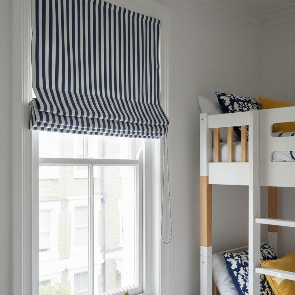 Navy and white striped roman blind on a window with a bunk bed in the background.