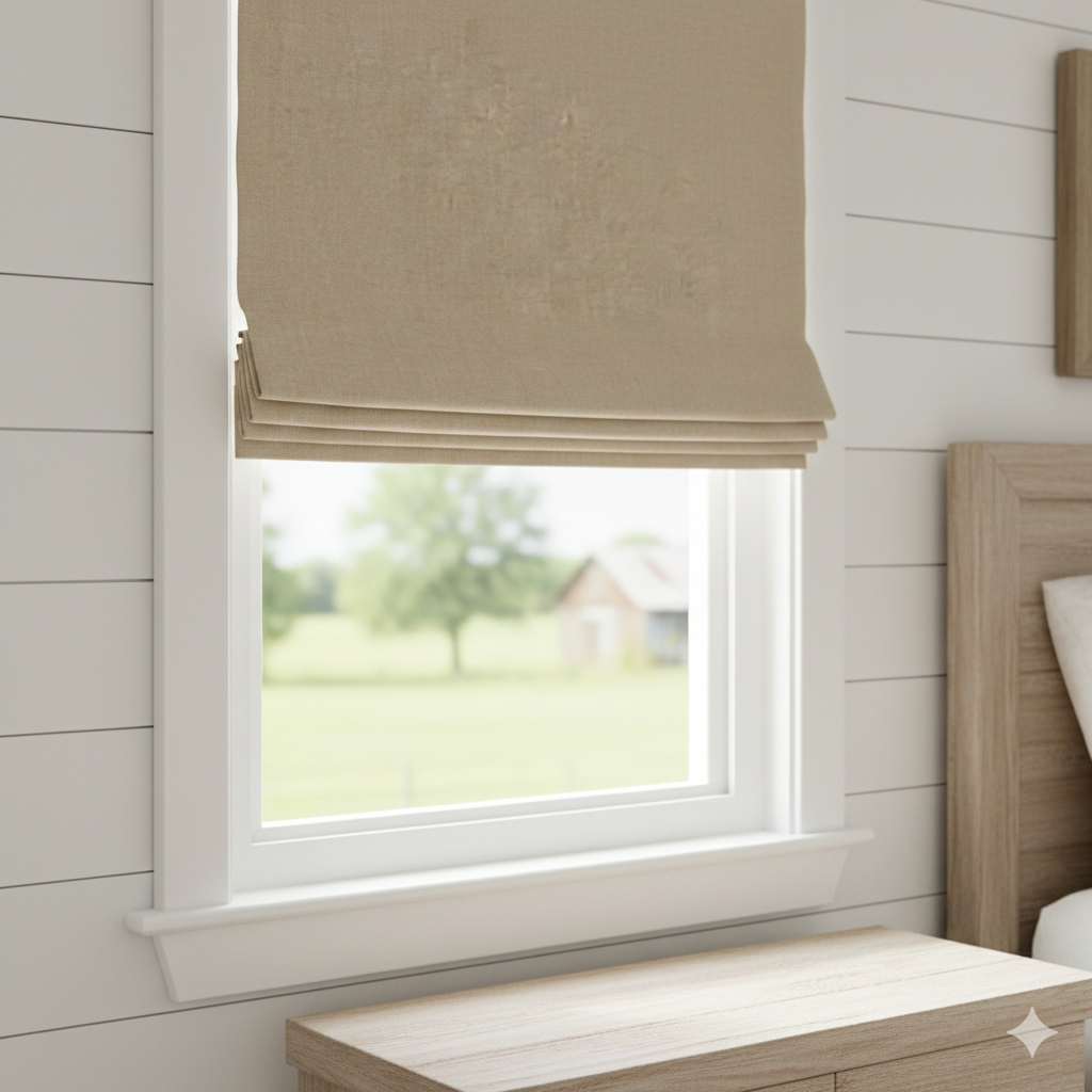 Natural washed linen flat roman blind in a window with a view of greenery, wooden bench, and headboard.