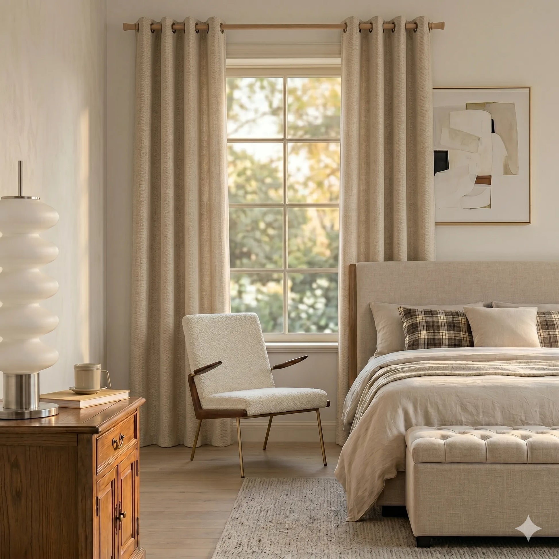 Neatly arranged bedroom with a bed, chair, and dresser.