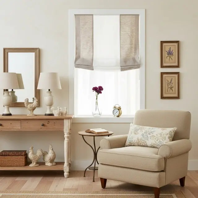 Living room with natural white two tone relaxed roman shade, beige armchair, wooden side table, and framed pictures on the wall.