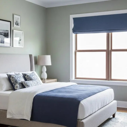 Modern bedroom with navy flat roman shade, a bed, lamp, and large window.