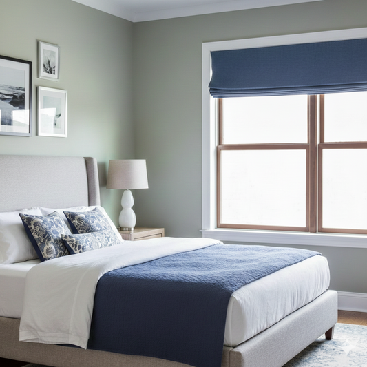 Modern bedroom with a bed, lamp, and Indigo color linen flat roman shade