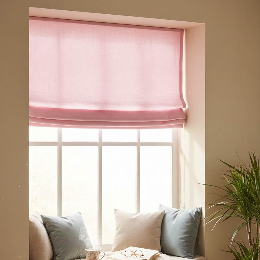 Window with Pink Herringbone pattern linen flat roman shade, light-colored cushions on a sofa, and a plant.