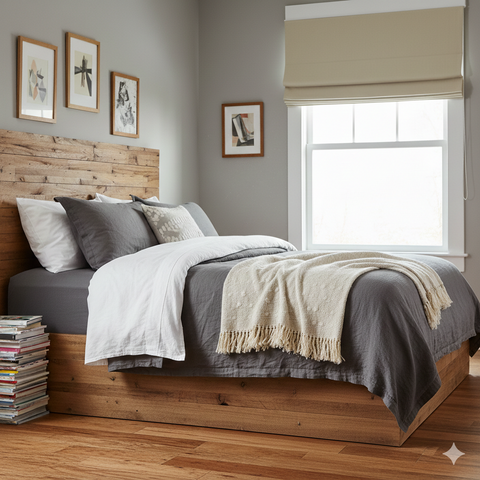 Bedroom with Ivory jacquard flat roman shade, wooden bed frame, gray bedding, and framed pictures on wall.