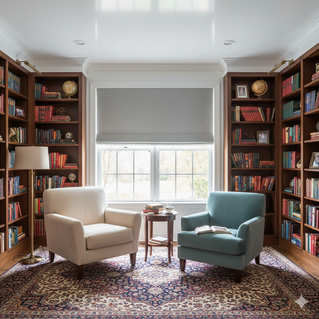 Living room with bookshelves, chairs, and a plain grey linen flat roman shade.