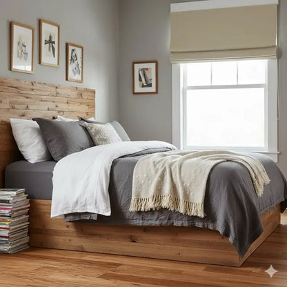 Bedroom with a plain jacquard cream flat roman shade, wooden bed frame, gray bedding, and framed pictures on the wall.