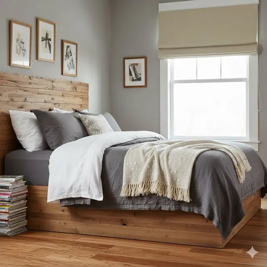 Bedroom with a plain jacquard cream flat roman shade, wooden bed frame, gray bedding, and framed pictures on the wall.