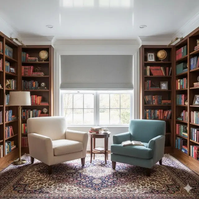 Living room with grey linen flat roman shade, two armchairs, a lamp, and bookshelves filled with books.
