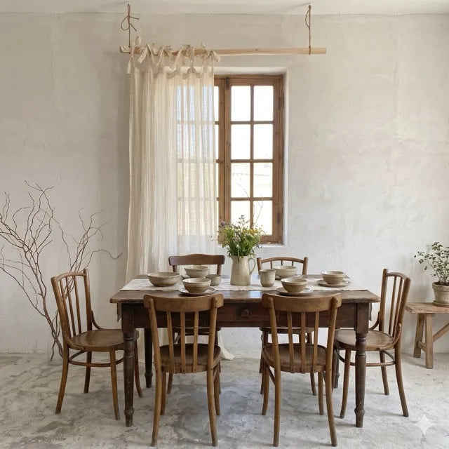 Dining room with wooden table and chairs, light-colored walls, and a window.