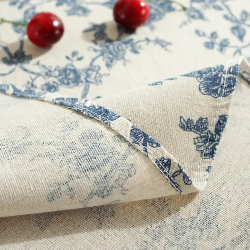 Vintage Floral Cotton Linen Round Tablecloth with Tassels – Washable Rustic Farmhouse Table Cover | CT1002