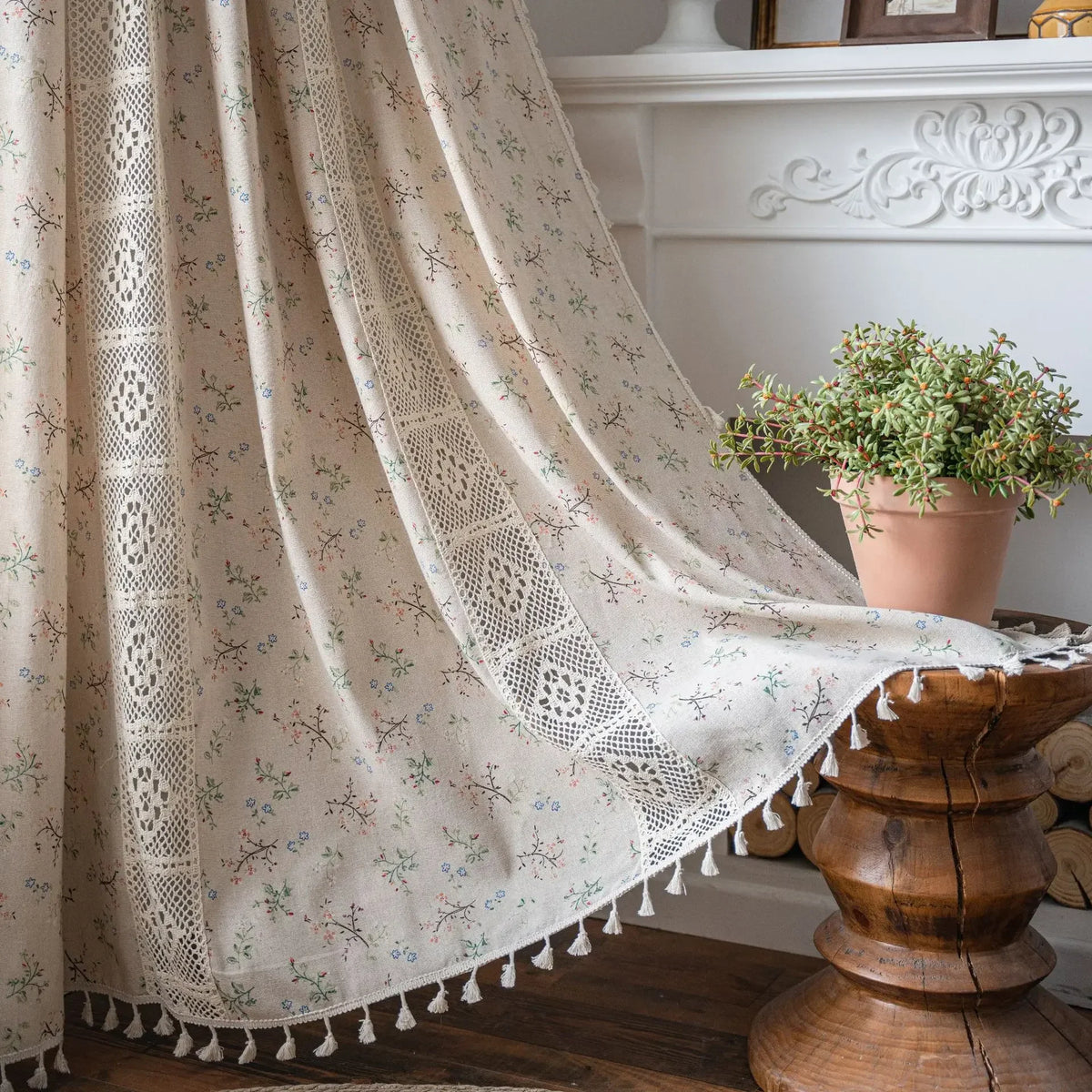 Vintage Farmhouse Bohemian Semi-Sheer Curtain Panel – Linen-Textured with Hollow Crochet & Fringe Tassels | CD1025