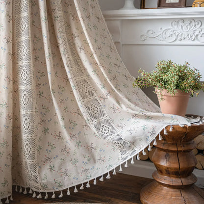 Vintage Farmhouse Bohemian Semi-Sheer Curtain Panel – Linen-Textured with Hollow Crochet & Fringe Tassels | CD1025