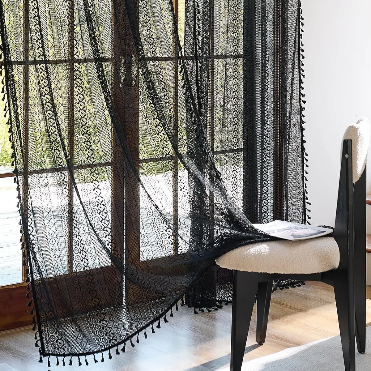 Boho Curtain Crochet Lace Semi-Sheer Hollow Out Knitted Tassels Curtain | CD1033