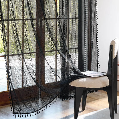 Boho Curtain Crochet Lace Semi-Sheer Hollow Out Knitted Tassels Curtain | CD1033