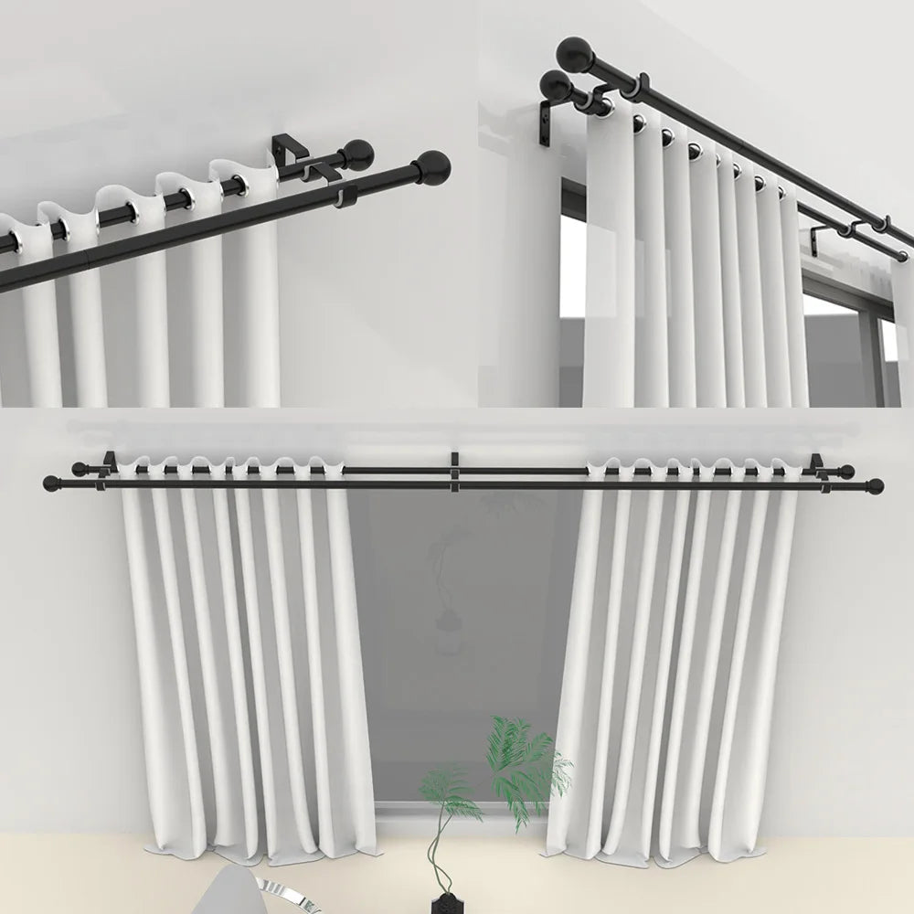 Adjustable Black Double Curtain Rod Set (60"-132") – Heavy Duty Dual Metal Pole | CH1011