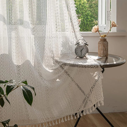 Boho Curtain Crochet Lace Semi-Sheer Hollow Out Knitted Tassels Curtain | CD1033
