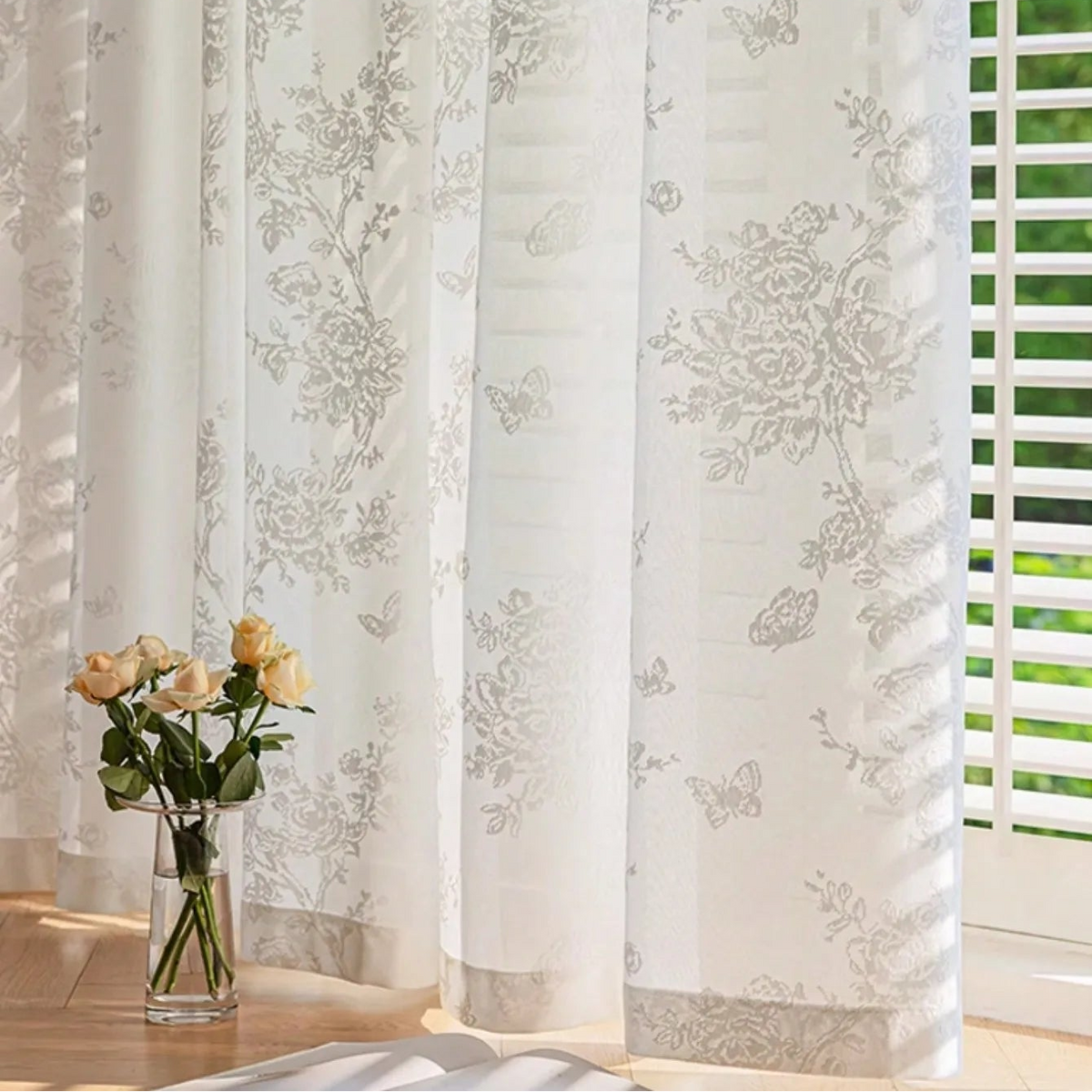 French Romantic Rose Butterfly Flower Semi Sheer Curtains | CD1032