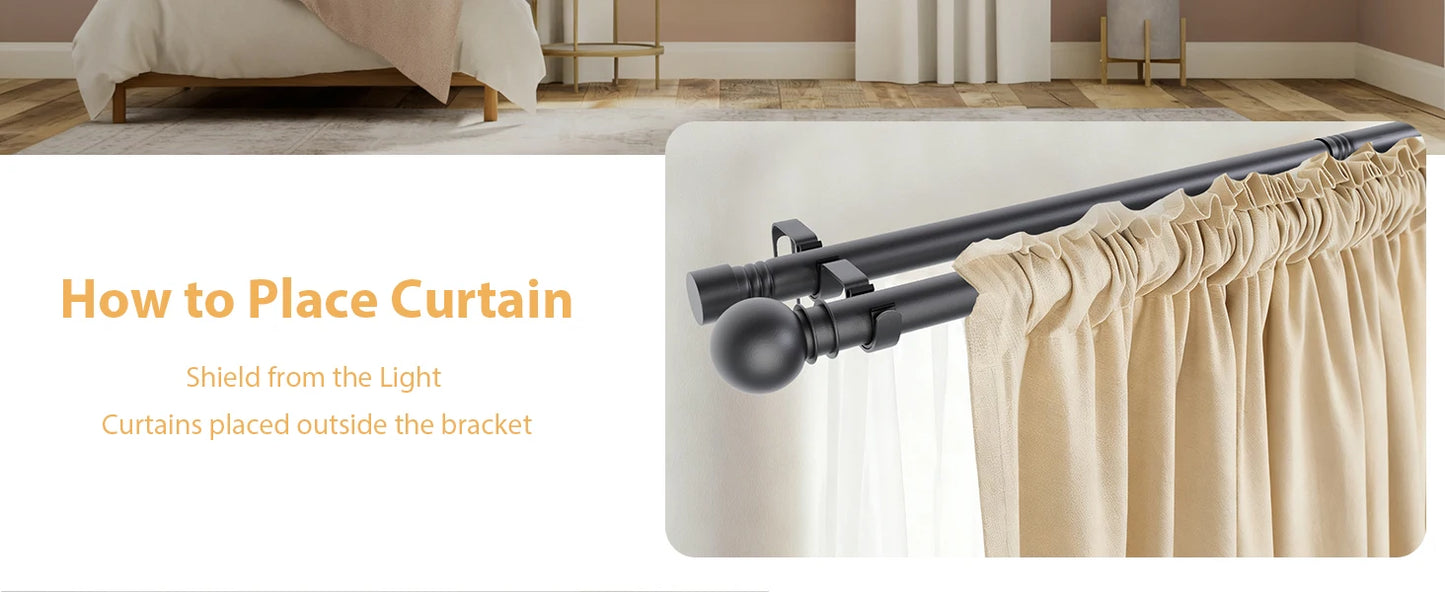 5/8" Black Double Curtain Rod Set – Adjustable Metal Drapery Poles with Brackets for Layered Windows | CH1013