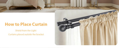5/8" Black Double Curtain Rod Set – Adjustable Metal Drapery Poles with Brackets for Layered Windows | CH1013
