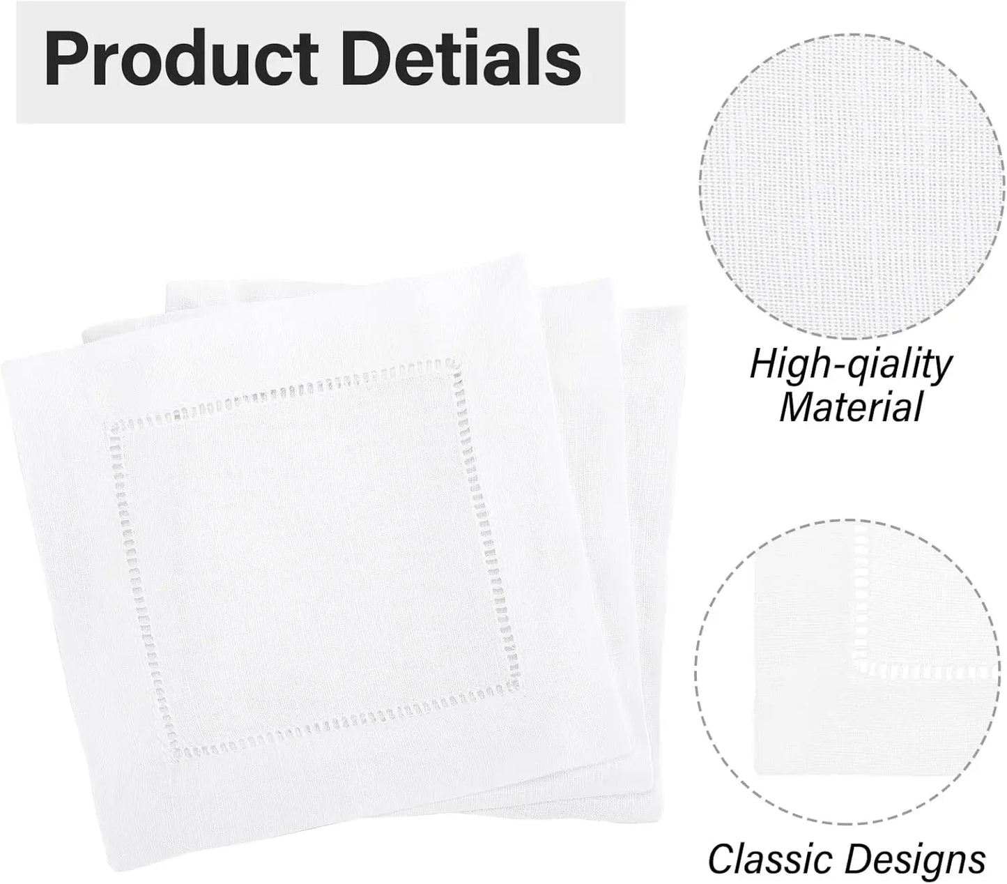 24-Piece Hemstitch Linen Blend Cocktail Napkins | 6x6 Classic White Square Cloths for Weddings, Bar Cart & Minimalist Dining